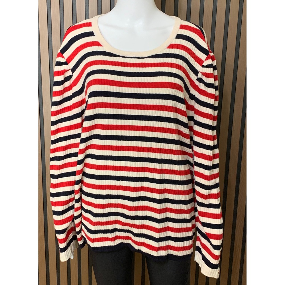 Talbots Plus Ribbed Knit Striped Top Red Navy Blue Cream 3X Long Sleeve Pullover
